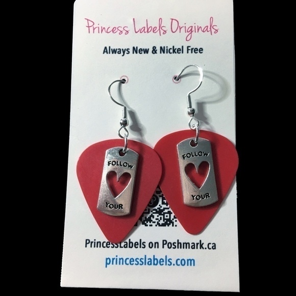 HAND Crafted Earrings Repurposed Guitar Picks Follow your Heart New - Picture 4 of 6